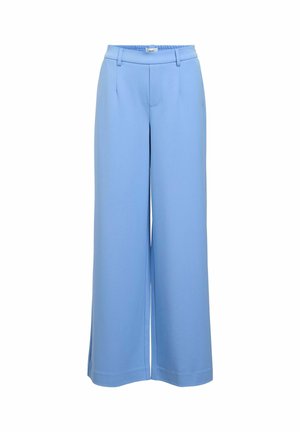 Šviesiai mėlynos platėjančios kelnės su lygiu paviršiumi, raukšlėtu priekiu ir elastingu juosmeniu. Turi pritaikytą dizainą ir šonines kišenes.