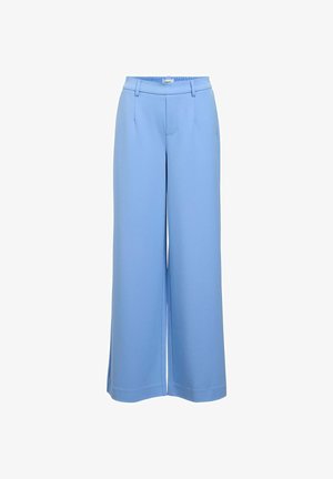 Svetlo modri široki hlače z gladko teksturo, zloženi spredaj in elastičnim pasom. Imajo krojni dizajn in stranske žepke.