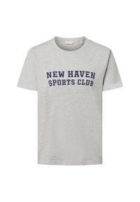 Gray short-sleeve t-shirt made of cotton. Printed in navy: “NEW HAVEN SPORTS CLUB” in a bold, arch design. Classic crew neck style.