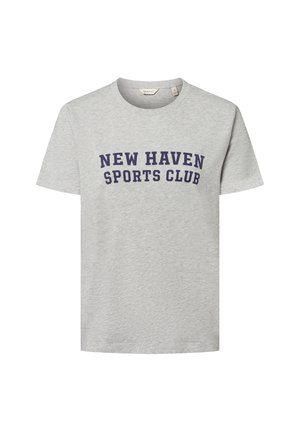Grau, kurzärmliges T-Shirt aus Baumwolle. Mit marineblauem Druck: "NEW HAVEN SPORTS CLUB" in einem fetten, gewölbten Design. Klassischer Rundhalsausschnitt.