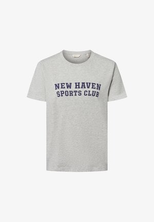 Grau, kurzärmliges T-Shirt aus Baumwolle. Mit marineblauem Druck: "NEW HAVEN SPORTS CLUB" in einem fetten, gewölbten Design. Klassischer Rundhalsausschnitt.