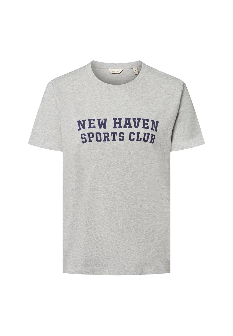 Gray short-sleeve t-shirt made of cotton. Printed in navy: “NEW HAVEN SPORTS CLUB” in a bold, arch design. Classic crew neck style.