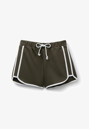 Dunkelolivgrüne Sportshorts mit weißer Einfassung und verstellbarem weißen Kordelzug in der Taille, auf weißem Hintergrund dargestellt.