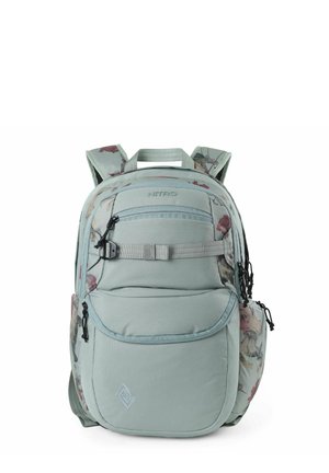 Zaino in turchese chiaro con motivo floreale, multiple tasche, cuciture rinforzate, spallacci regolabili e manico superiore per il trasporto.