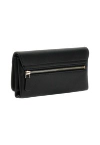 Borsa clutch nera in tessuto con una tasca con cerniera, dal design rettangolare elegante e con chiusura a pattina.