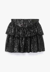 Mini jupe en sequins noirs avec un design superposé, comprenant deux niveaux froncés et une taille élastique pour un look ajusté.