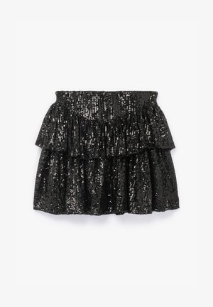 Minifalda negra de lentejuelas con un diseño en capas, que presenta dos niveles rizados y una cinturilla elástica para un ajuste ceñido.