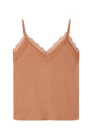 Camisole beige sans manches avec bordure en dentelle le long de l'encolure en V et fines bretelles réglables.