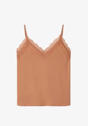 Camisole beige sans manches avec bordure en dentelle le long de l'encolure en V et fines bretelles réglables.