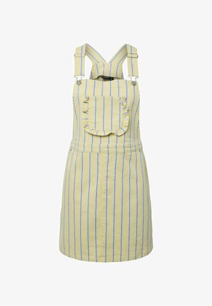 Vestido pichi amarillo con rayas azules verticales, tirantes ajustables y un bolsillo delantero con bordes fruncidos.