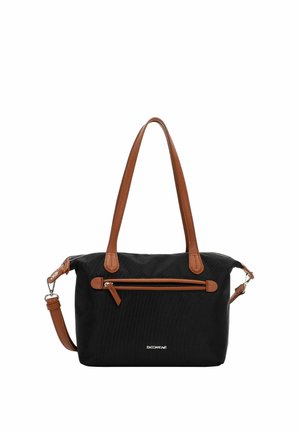 Schwarze Handtasche mit braunen Ledergriffen und Reißverschlussdetails, Frontreißverschlusstasche und abnehmbarem Schulterriemen.