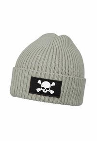 Light gray knitted beanie with a ribbed texture. Features a black patch with a white skull and crossbones design.