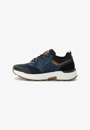 Men's sneaker with a navy blue mesh upper, suede accents, brown leather details, white midsole, and textured rubber outsole.