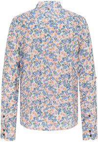Camicia a maniche lunghe floreale con sfondo chiaro e fiori blu e pesca, con polsini a bottoni e dettaglio sulla parte posteriore.