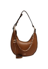Sac à épaule en cuir marron avec une bandoulière ajustable et un détail en chaîne dorée, arborant le logo L.CREDI à l'avant.