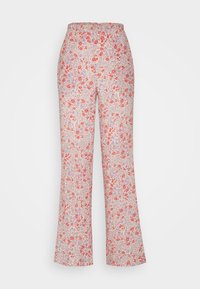 Calças florais com uma cintura alta, apresentando um fundo bege claro e um padrão de flores vermelhas e roxas, com um design de perna largura.