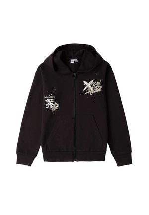 Haut à zip noir en tissu doux, doté d'une capuche, de deux poches avant et de motifs graphiques en blanc et beige sur la poitrine.