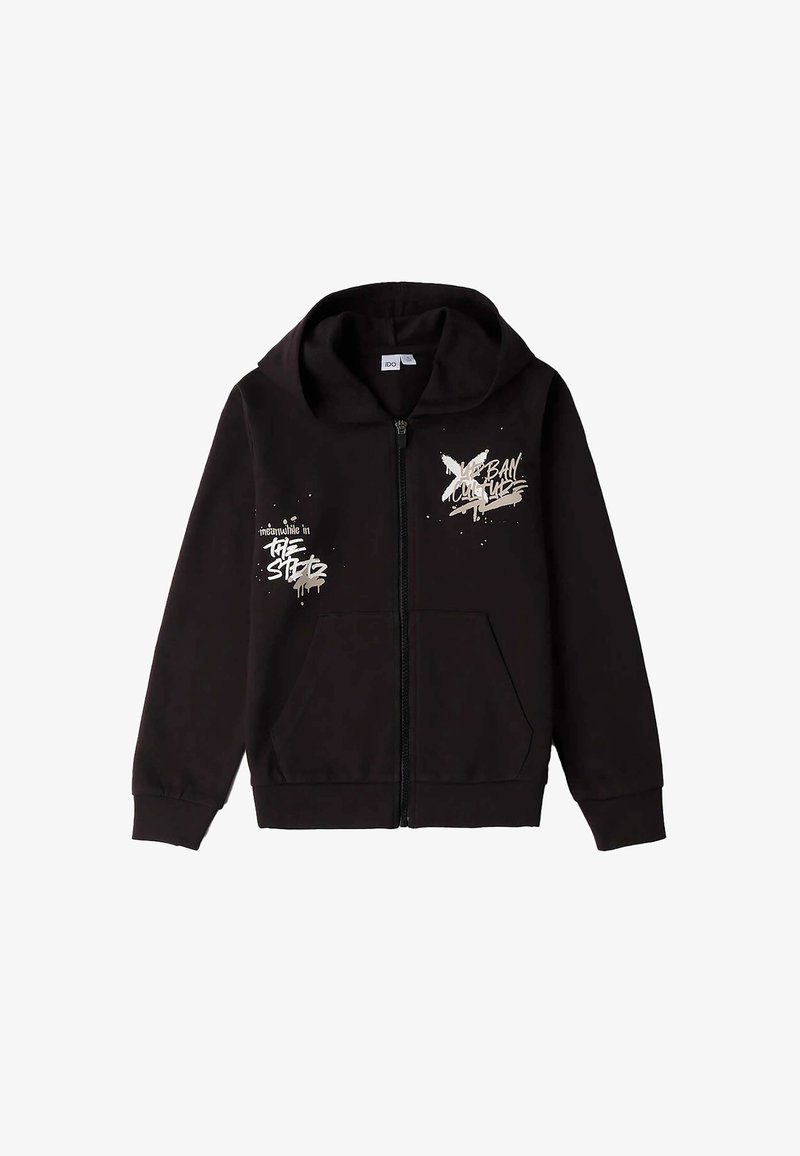 Felpa nera con zip realizzata in tessuto morbido, dotata di cappuccio, due tasche frontali e stampe grafiche bianche e beige sul petto.