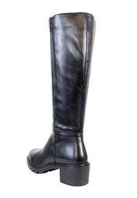 Black leather knee-high boot with a smooth surface, side zipper, and a chunky heel. Features a rounded toe and textured sole.