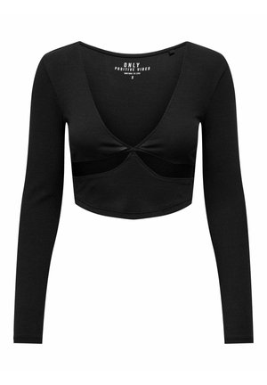 Crop top nero a maniche lunghe con scollatura a V, texture a coste e dettaglio a taglio sul petto. Realizzato in tessuto morbido e elastico.
