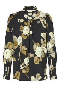 Schwarze Bluse mit floralem Muster in Creme und Olivgrün, Rüschensaum am Kragen, langen Ärmeln und knöpfbaren Manschetten.