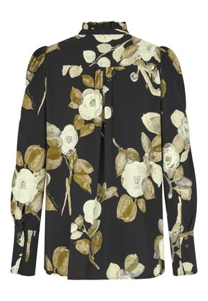 Črna bluzica z cvetličnim vzorcem v kremni in olivno zeleni barvi, z nabranim ovratnikom, dolgimi rokavi in gumbastimi manšeti.