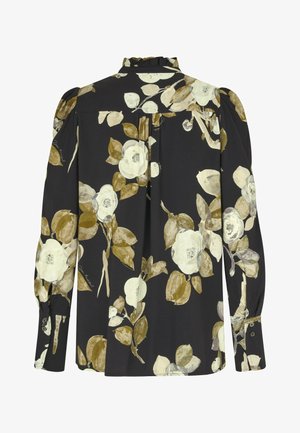 Blusa nera con stampa floreale in crema e verde oliva, con colletto arricciato, maniche lunghe e polsini con bottoni.