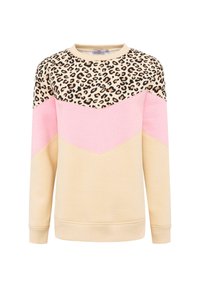 Sweatshirt à imprimé léopard avec un corps beige, un design en chevrons roses, des manches longues, et des poignets et un ourlet côtelés. Matériau doux avec une coupe décontractée.