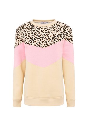 Leopard print sweatshirt with a beige body, pink chevron design, long sleeves, and ribbed cuffs and hem. Soft material with a casual fit.