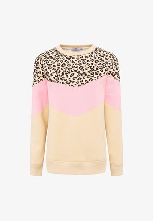 Sweater met luipaardprint, beige body, roze chevronontwerp, lange mouwen en geribbelde boorden en zoom. Zacht materiaal met een casual pasvorm.