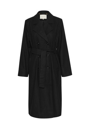 Cappotto lungo nero realizzato in misto lana, con design doppiopetto, rever a punta, maniche lunghe e cintura da legare.