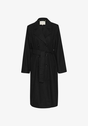 Zwarte trenchcoat van een wolblend, met een dubbelbreasted ontwerp, gekartelde revers, lange mouwen en een zelfbindende riem.