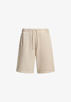 Bež kratke hlače od mješavine pamuka s elastikom u struku i vezicom, s dva bočna džepa i malim logotipom na rubu.