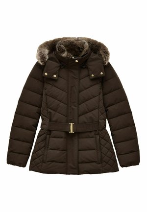 Bruin gewatteerde pufferjack met een met fauxbont gevoerde capuchon, ritssluiting, ceintuur in de taille en twee zijzakken. Accenten zijn onder andere het gouden beslag.