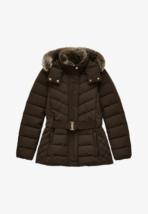 Bruin gewatteerde pufferjack met een met fauxbont gevoerde capuchon, ritssluiting, ceintuur in de taille en twee zijzakken. Accenten zijn onder andere het gouden beslag.
