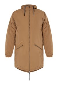 Bruine gewatteerde jas met een capuchon, voorrits en twee diagonale zijzakken. Elastische manchetten en een trekkoordzoom voor een verstelbare pasvorm.