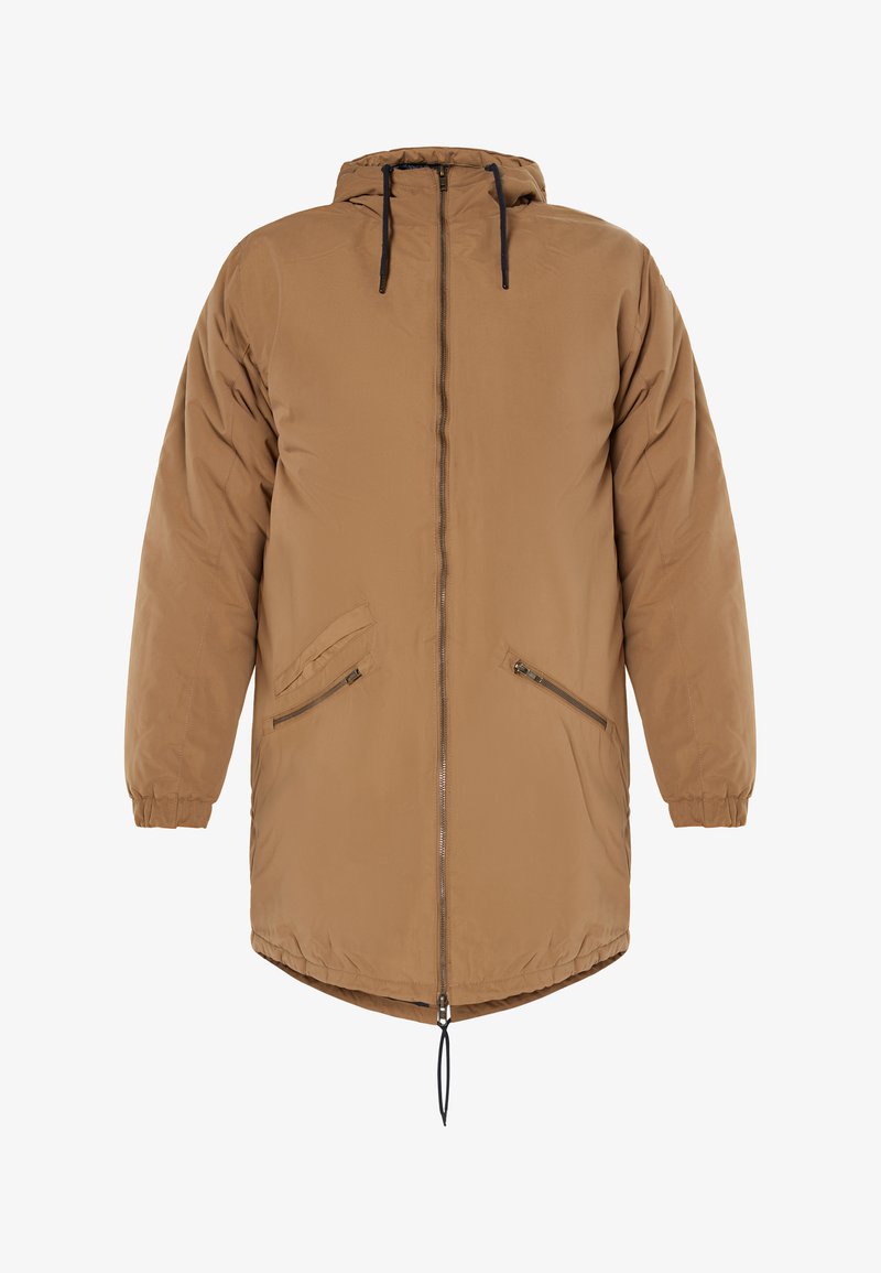 Bruine gewatteerde jas met een capuchon, voorrits en twee diagonale zijzakken. Elastische manchetten en een trekkoordzoom voor een verstelbare pasvorm.