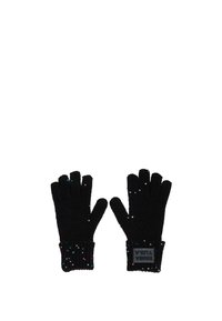 Guantes de lana negros con puños acanalados, adornados con lentejuelas multicolores en los dedos y la palma. Presentan una etiqueta de marca en el puño.
