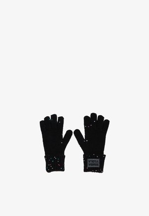 Čierne pletené rukavice s rebrovaným manžetovým okrajom, zdobené viacfarebnými flitrami na prstoch a dlani. Obsahuje značkovú etiketu na manžete.