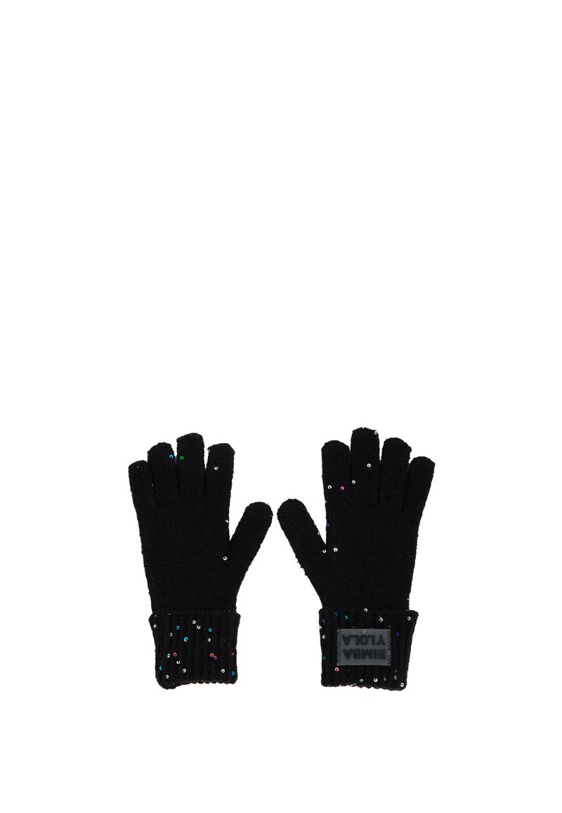 Guantes de lana negros con puños acanalados, adornados con lentejuelas multicolores en los dedos y la palma. Presentan una etiqueta de marca en el puño.