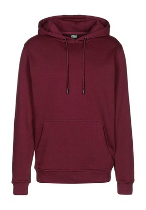 Burgunderfarbener Kapuzenpullover mit einer vorderen Tasche, Kordelzügen und gerippten Bündchen. Hergestellt aus weichem Stoff mit glatter Textur.