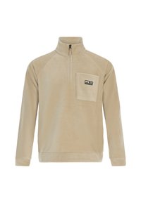 Beige fleece sweatshirt met een halve rits aan de voorkant, raglanmouwen en een borstzak met een logo. Zachte textuur en praktisch ontwerp.