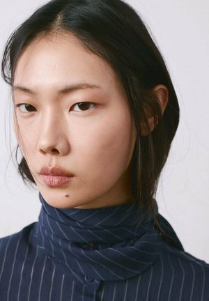 Young woman with dark hair in a low updo, wearing a navy blue pinstripe high-collar shirt, looking directly ahead with a neutral expression.