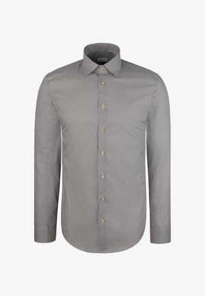 Overhemd met knopen in een zwart-wit geruit patroon. Voorzien van een standaardkraag en lange mouwen, met knopen in goudkleur en een gladde textuur.