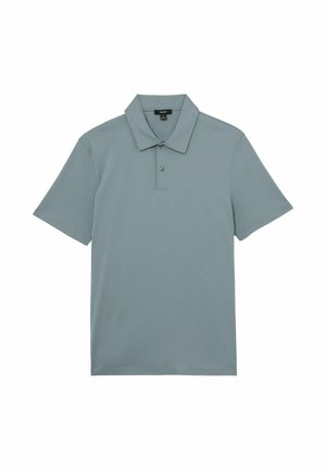 Helehall lühikeste varrukatega polo-särk, millel on kaks nuppu ja terava kraega, laotud valgele taustale.