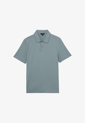 Helehall lühikeste varrukatega polo-särk, millel on kaks nuppu ja terava kraega, laotud valgele taustale.