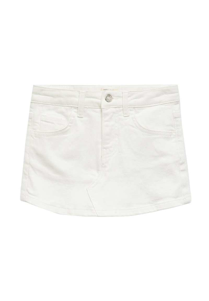 White denim mini skirt with a straight cut, featuring five pockets, belt loops, and a metal button closure at the front. Smooth texture.
