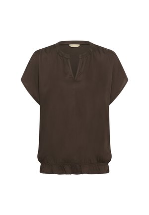 Braune Bluse mit kurzen Ärmeln, rundem V-Ausschnitt, weichem Material und gerafftem Saum für eine lockere Passform.