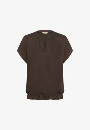 Short-sleeve brown blouse with a rounded V-neckline, soft texture, and gathered bottom hem for a relaxed fit.