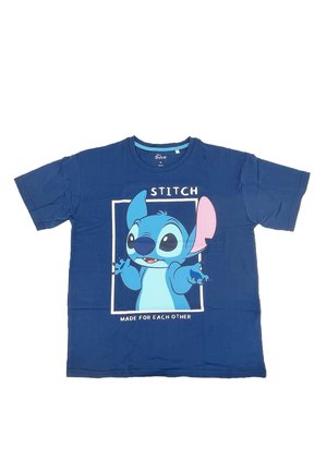 Blaues Baumwoll-T-Shirt mit einem grafischen Motiv eines Cartoon-Charakters mit großen Ohren und weit geöffneten Augen, umgeben von dem Text "STITCH MADE FOR EACH OTHER."